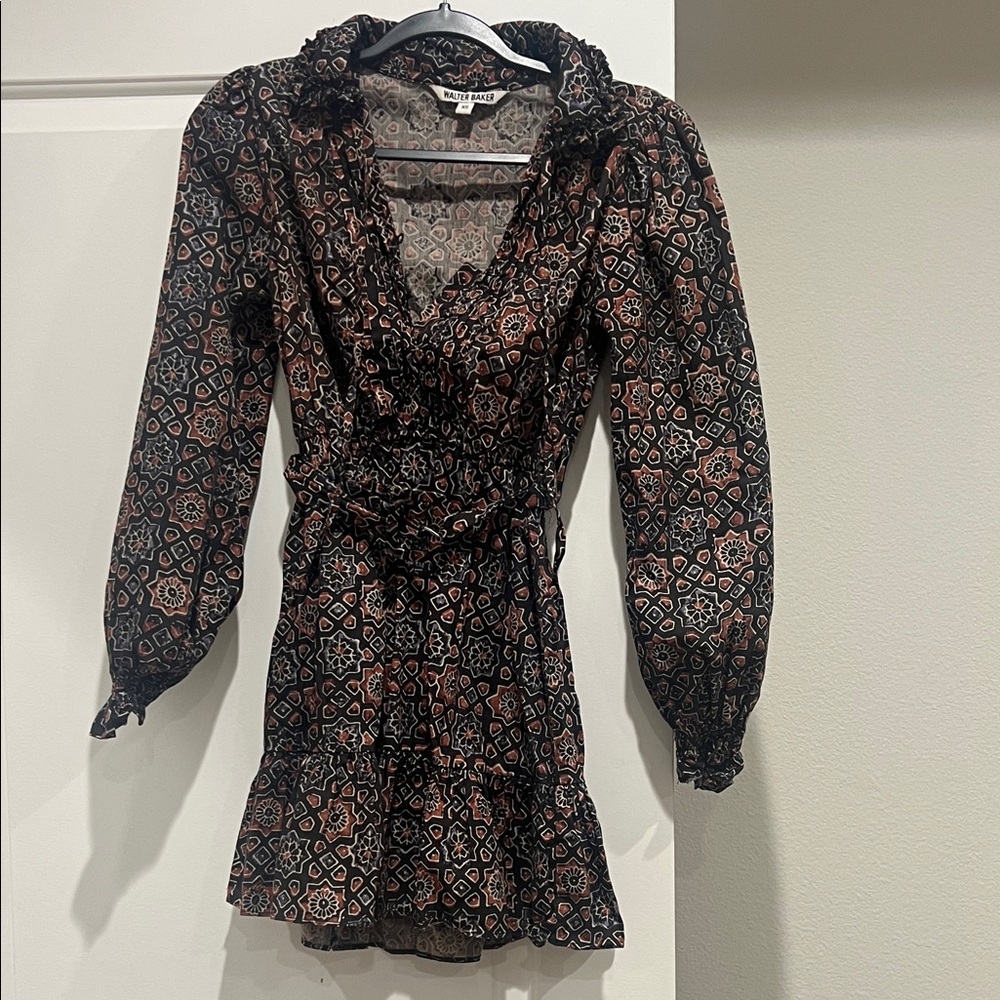 Walter Baker Black and Brown Patterned Long Sleeve Dress